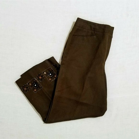Larry Levine 8 Brown Capri Pant Linen Beaded Embellishment Lined - Picture 1 of 7